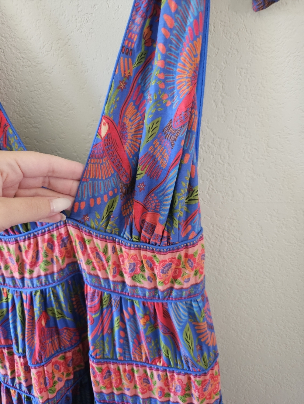 Farm Rio Blue Macaw Tie Shoulder Tiered Midi Dress - Picture 3 of 12